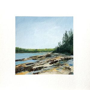 8x8 Maine Original Oil Painting Acadia Pine Trees Rocks Atlantic Ocean Signed